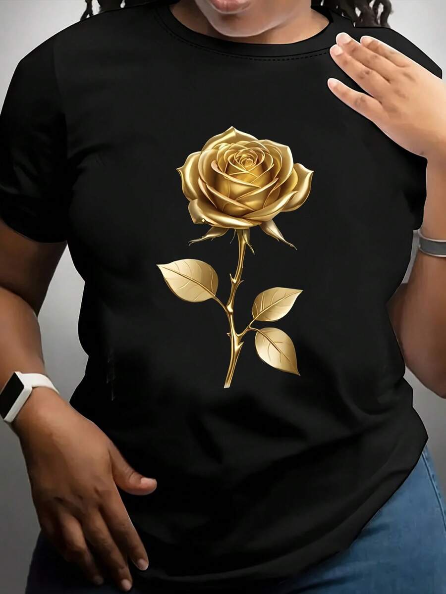 Women's T-Shirt With Gold Rose Pattern, 100% Cotton, Comfortable, Beautiful - Black - View 1