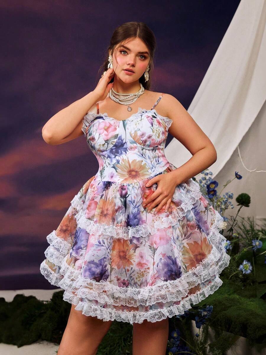 Faeriesty Elegant Ditsy Floral Slip Dress, Layered Ruffle Design, Backless Style, Suitable For Garden Wedding Photoshoot, Romantic Portrait Session, Outdoor Engagement Celebration, Nature-Themed Editorial And Charming Forest Styling Vacation Spring Party