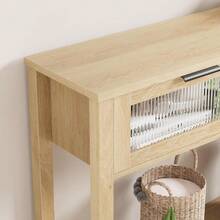Mesa Consola de Madera para Entrada, Mesa de sofá de 2 Niveles con 2 cajones de Vidrio y Almacenamiento, Ideal para Sala de Estar y vestíbulo - color de madera natural - Ver 3