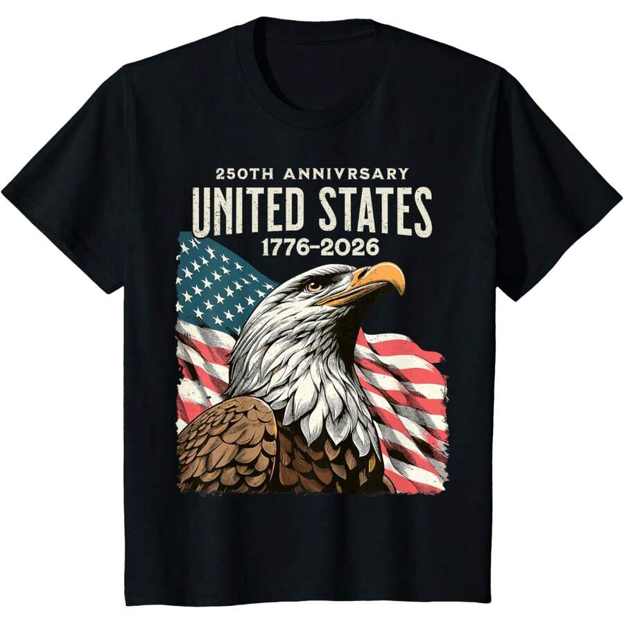 250 Anniversary USA Tee America 250th T-Shirt  Women Print T-Shirts Cotton Crew Neck Short Sleeve Tee Machine Washable The Best Choice For Holiday Gifts - 黑色 - 查看 1