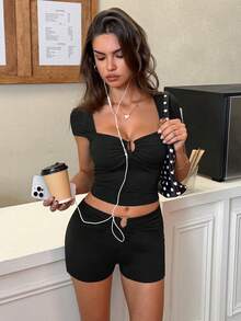Dali Polly Women's Summer Boho Casual Metal Buckle Pleated Bodycon Scoop Neck Short Sleeve Top And Shorts 2 Piece Set, Casual Holiday Outfit, Boho 2-Piece Set - Black - View 4