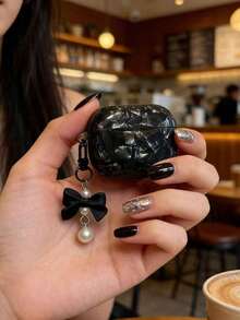 1pc Black Shell Texture IMD Earphone Soft Case, Compatible With AirPods 1/2, Pods2/Pods3/Pods Pro/Pods Pro2, Paired With Black Bow, Small Pearl, Heart-Shaped Handmade Pendant - Black - View 8