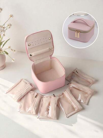 Portable Jewelry Box With Handle And 6 Velvet Jewelry Pouches, Suitable For Girls To Store Jewelry During Travel, Can Hold Necklaces, Rings, Earrings, An Ideal Mother's Day Gift For Mom