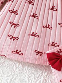 Newborn Baby Girl Gift Set - Dress With Bow, Heart & Stripe Print, With Socks And Headband - Pink - View 5