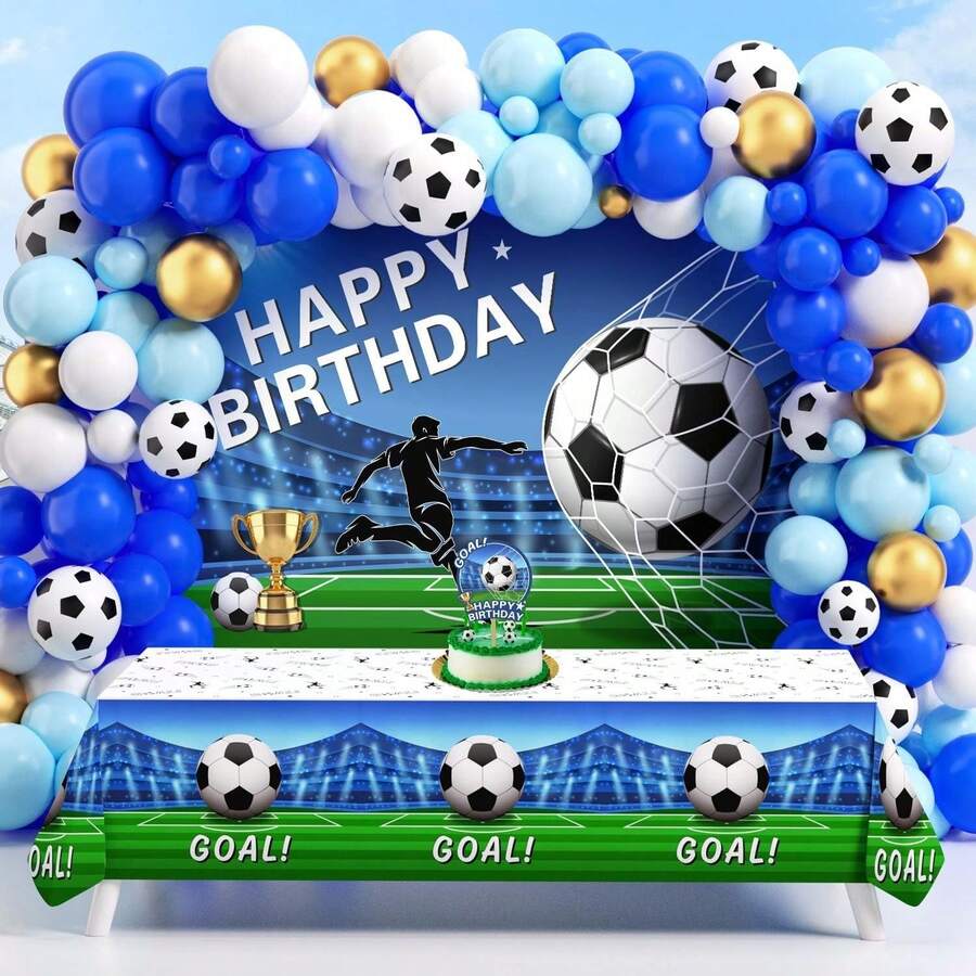 118pcs Soccer-Themed Balloon Arch Set, Includes Latex Balloons In Dark Blue, Light Blue, White, And Gold With Soccer Patterns. Perfect For Birthday Parties, Baby Showers, Gender Reveal Parties, Sporting Events, Graduation Ceremonies, And Other Soccer-Themed Parties. - Multicolor - View 1