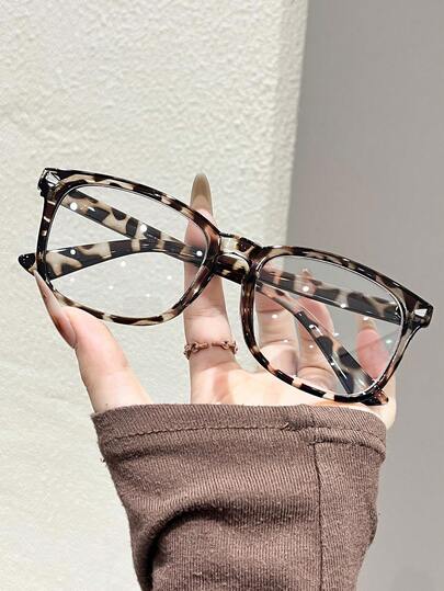 1 Pair Leopard Print Full Frame Plastic Geometric Transparent Glasses, Suitable For Street Photography, Music Festivals, Carnivals And Other Occasions, Ideal Summer Fashion Accessory, Fits All Face Shapes