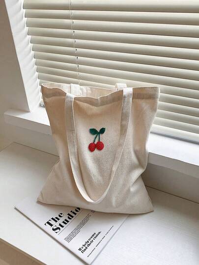 1 pieza Bolsa de lona con decoración de cereza, bolso de hombro de alta capacidad, bolsa de compras ligera, bolsa plegable, perfecta para adultos jóvenes/niñas/estudiantes/adolescentes, ideal para uso diario, compras y reuniones festivas