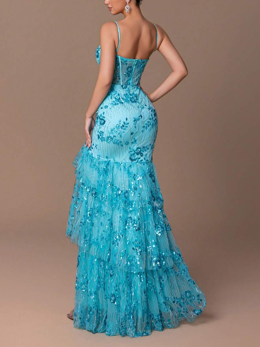 Faeriesty 这款优雅的美人鱼晚礼服饰有珍珠、亮片和花卉刺绣，后背拉链设计，高开衩剪裁，适合正式场合——非常适合婚礼招待会、黑领结晚宴、红毯活动、慈善晚会和颁奖典礼。 - 青碧色 - 查看 1