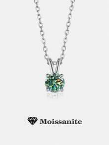 1pc Minimalist 925 Sterling Silver 1 Carat Moissanite 4-Prong Necklace, Suitable For Women's Daily Wear, Party, Vacation, Valentine's Day, Christmas, Women's Jewelry Gift - XL0009-green - View 1