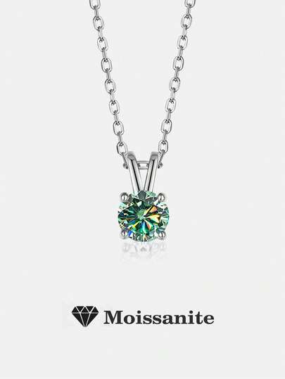 1pc Minimalist 925 Sterling Silver 1 Carat Moissanite 4-Prong Necklace, Suitable For Women's Daily Wear, Party, Vacation, Valentine's Day, Christmas, Women's Jewelry Gift