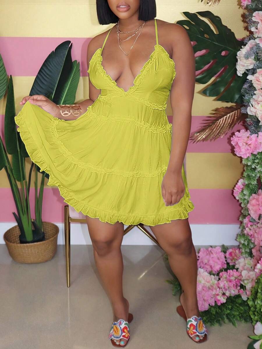 Women's Solid Color Ruffle Backless Halter Neck Dress, Suitable For Daily, Vacation, Beach Party Elegant Summer - Yellow - View 1
