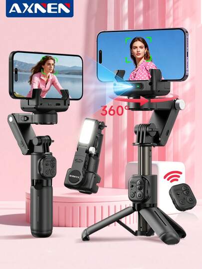 AXNEN AI智能手持云台稳定器 - 自动人脸追踪，可折叠360°旋转自拍杆及三脚架，带多色温补光灯，蓝牙可拆卸遥控器 - 兼容安卓和iOS系统，完美适用于直播、会议、自拍、摄影和视频录制