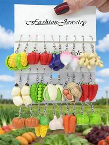 10pcs/30pcs New Crossborder Dopamine Realistic Vegetable Series Resin Earring Set - Funny & Cute Pumpkin, Ginger, Eggplant, Pea, Peanut Earrings, Women Accessories - Multicolor - View 14