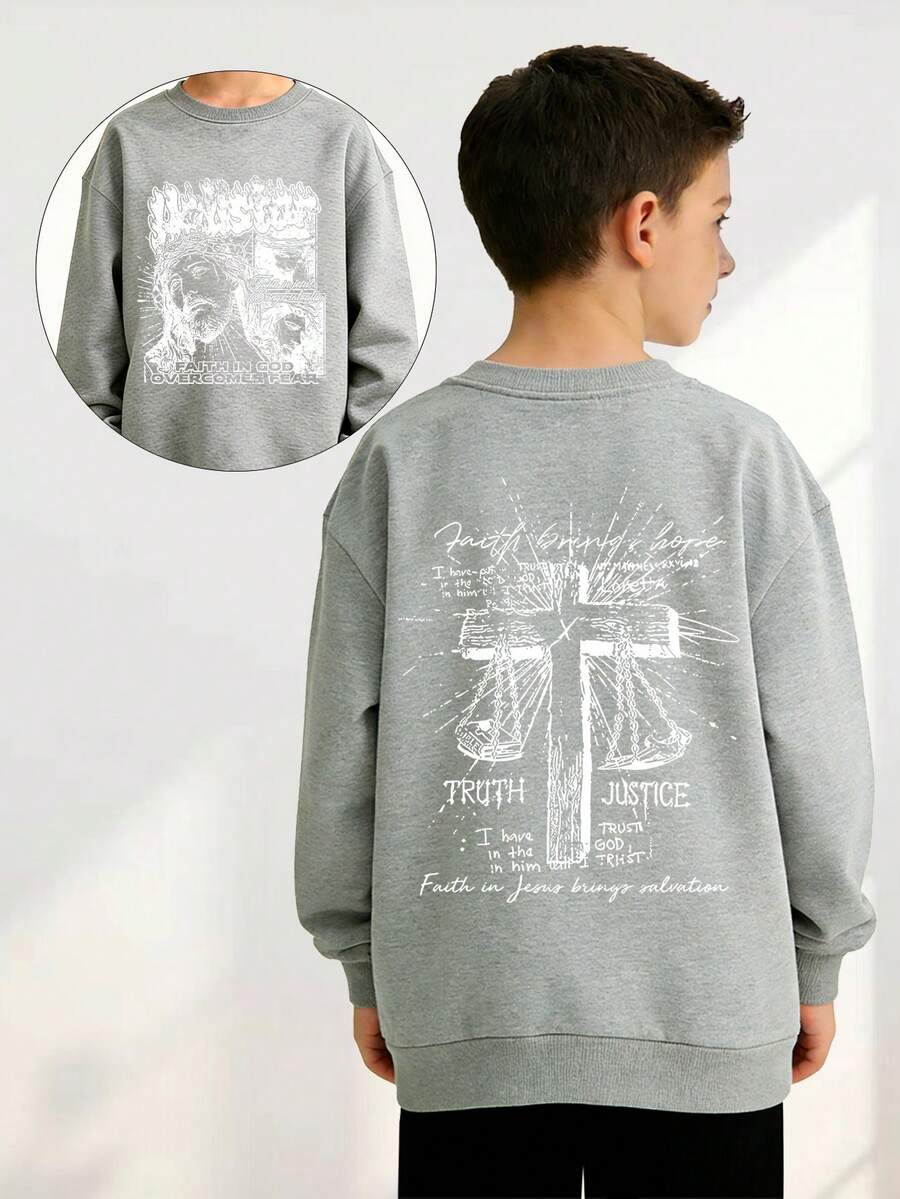 FAITH TRUTH JUSTICE Jesus With Crown Of Thorns Print Boys' Crew Neck Top, Soft Fabric, Warm And Comfortable Long Sleeve Sweatshirt, Stylish And Versatile, Suitable For Boys To Wear For Traveling, Back To School Days, Festivals, Outdoor Games And Daily Casual Wear, Ideal For Autumn And Winter - Grey - View 1