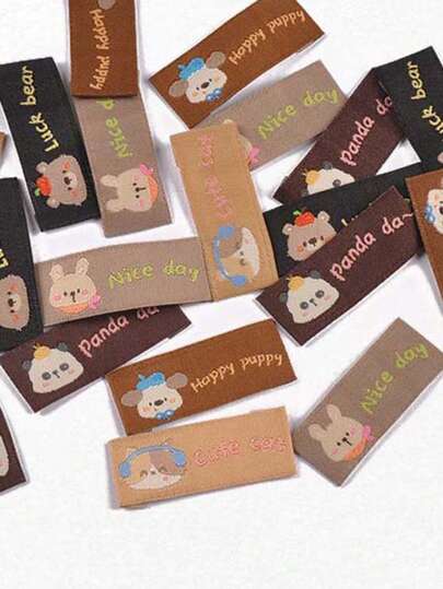 50个40x17毫米长方形黑色和咖啡色极简标签，带有刺绣狗/熊猫/猫/兔图案，适用于服装、背包、缝纫装饰和工艺材料