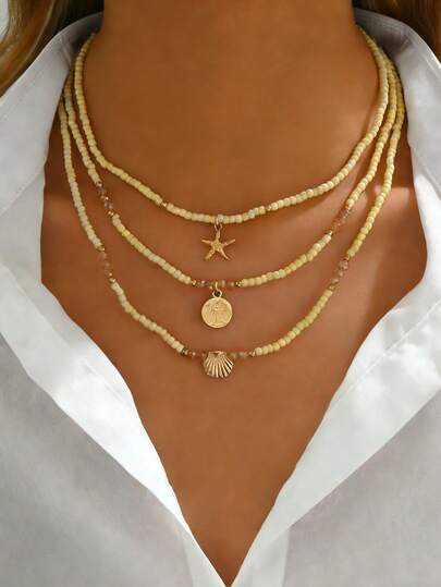 Set de 3 collares estilo bohemio versátiles con perlas aleatorias, colgantes de concha metálica, estrella de mar y árbol de la vida, adecuados para uso diario, vacaciones y uso casual - Ligeras diferencias de color son normales e inevitables