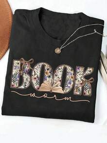 Women's Summer Letter Print Casual Simple Loose Everyday Street Style Round Neck Short Sleeve T-Shirt Tops - Black - View 1