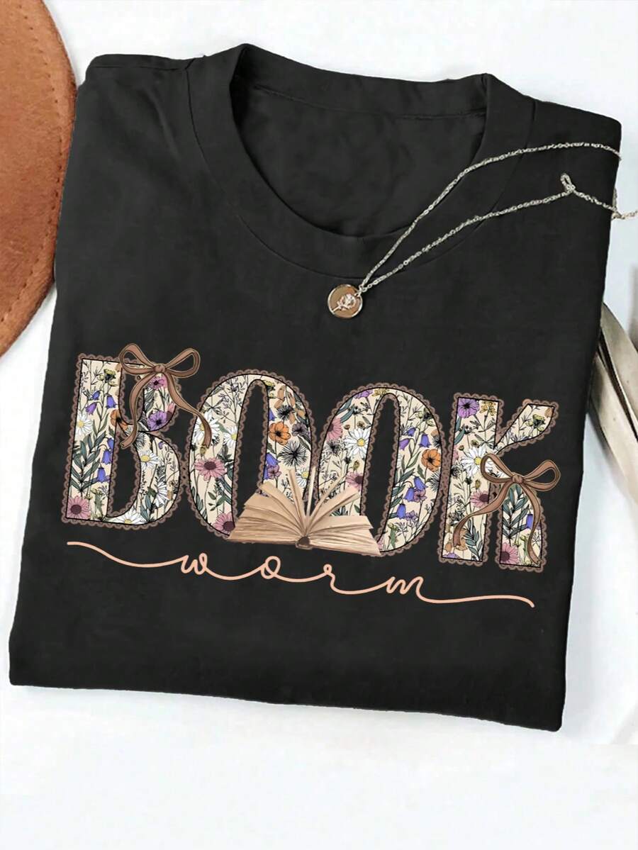 Women's Summer Letter Print Casual Simple Loose Everyday Street Style Round Neck Short Sleeve T-Shirt Tops - Black - View 1