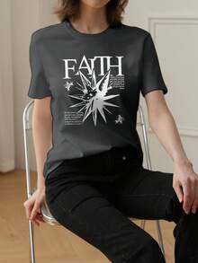 1件女士休闲宽松字母印花图案T恤，街头风圆领上衣，2026夏季款 - 深灰色 - 查看 3