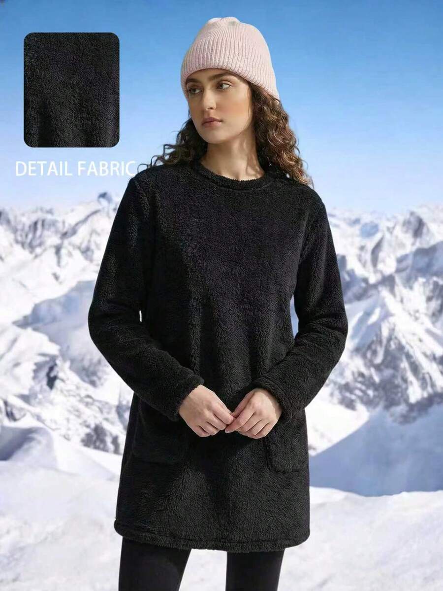 Women's Round Neck Long Sleeve Pocket Furry Long Tops, Autumn/Winter - Black - View 1