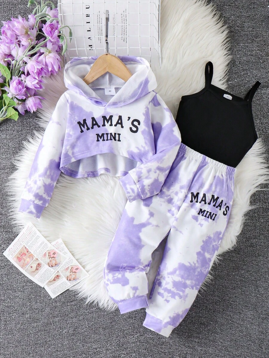 3件套女童扎染印花长袖连帽衫、吊带背心和裤子套装，街头风运动装，秋冬款 - 淡紫色 - 查看 1
