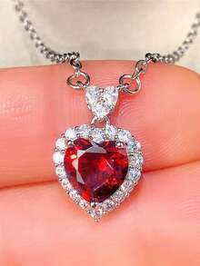 Cubic Zirconia Heart Necklace - Đỏ - Xem 2