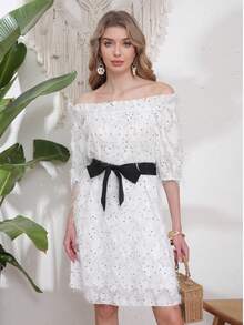 Đầm nữ thanh lịch phối nhiều mảnh vải, có thắt lưng, viền bèo nhún và thêu, thích hợp cho hẹn hò, tiệc tùng, chụp ảnh, biểu diễn sân khấu và hòa nhạc, màu trắng xuân/hè/thu. - trắng - Xem 3