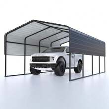 Cochera metálica resistente con techo de acero galvanizado resistente a la intemperie y estructura reforzada. Refugio exterior extragrande para autos, camiones, ba - Negro - Ver 1