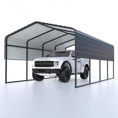 Cochera metálica resistente con techo de acero galvanizado resistente a la intemperie y estructura reforzada. Refugio exterior extragrande para autos, camiones, ba