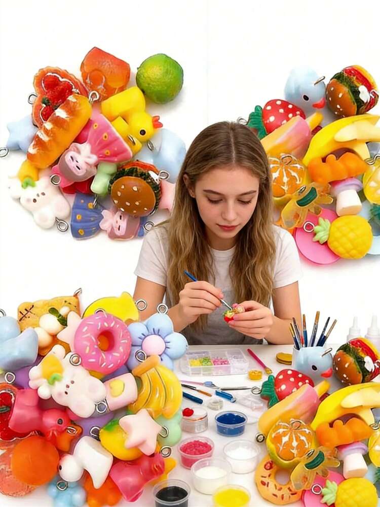 30/50/80/100pcs/Pack Random Mixed Realistic & Cute Resin Food DIY Pendant, For DIY Earrings, Bracelets, Jewelry Making Accessories - Multi-color Glass Mixed - View 3