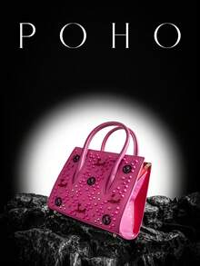 POHO品牌女士奢华手提包联名字母小号托特包 - V - 玫瑰红 - 玫紅色 - 查看 3