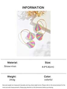 1 Pair Refreshing Cute Sweet Vacation Style Textured Line Geometric C-Shape Outline Shell Handmade Woven Raffia Earrings, Fashion Boho Colorful Woven Raffia Textured Line Shell Stud Earrings, Suitable For Women's Daily, Vacation, Party Wear - Satin Dyeing - View 6