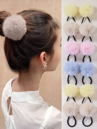 8pcs/Set Girls Autumn/Winter Furry Pom Pom Plush Cute Scrunchies Elastic Hair Ties Ponytail Holders Hair Accessories, Everyday Use