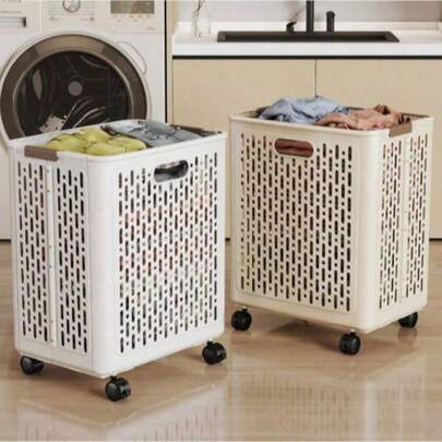 1pc Large Capacity Foldable Wheeled Laundry Basket (Multiple Styles Available) - Uncovered, Plastic Material, Solid Color Design, Multi-Functional Foldable Portable Laundry Basket, Suitable For Bathroom, Balcony Storage, Laundry Bag, Laundry Room Accessory, Eid Al-Fitr, Eid Al-Adha