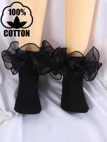 Kaus Kaki Kru Ruffle Trim Balita Perempuan - Hitam - View 9
