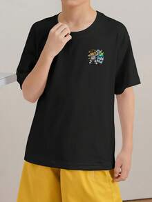 Tween Boys Casual Printed Crew Neck Short Sleeve T-Shirt, Summer Top - Black - View 3