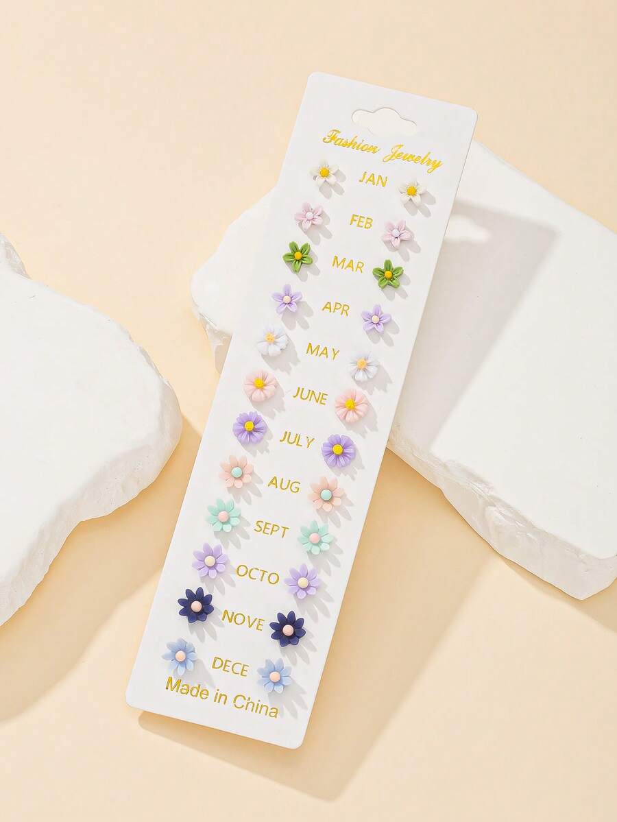 12 件套多色可爱雏菊花耳钉，简约树脂时尚百搭耳环，适合节日、日常休闲穿着，送给女性的礼物 - 彩色 - 查看 1
