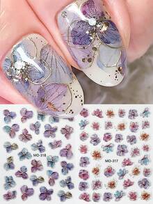 2片金色绣球花美甲贴纸，5D立体浮雕蓝紫色盛开花卉美甲贴花，春季婚礼美甲DIY优雅美甲装饰，女士适用 - 彩色 - 查看 9