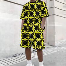 Two-Piece Casual Style Knitted Fabric Vivid Lively Men's Set For Daily Commute & Outdoor Activities, Summer Yellow Black Geometric All-Over Print Loose Short Sleeve Beach Shorts Set - Nhiều màu - Xem 4