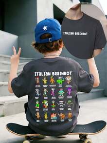 Áo thun in hình ngộ nghĩnh "ITALIAN BRAINROT" dành cho bé trai tuổi teen, thích hợp mặc thường ngày, dạo phố, đi học, dự sự kiện, áo mùa hè thời trang cho bé trai. - Màu xám đen - Xem 3