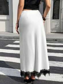 Dila Polly 新款春夏女士真丝缎面A字中长裙，蕾丝拼接，优雅流畅 - 白色 - 查看 4