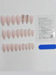 Monina 24片Y2K杏色亮片水钻假指甲，夜光时尚美甲，适合日常、通勤、旅行等各种场合的美甲用品 - 粉色 - 查看 6