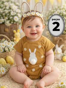 2-Piece Romper And Headband With Bunny, Pom-Pom, And Bow - Easter Baby Design - 棕色 - 查看 1