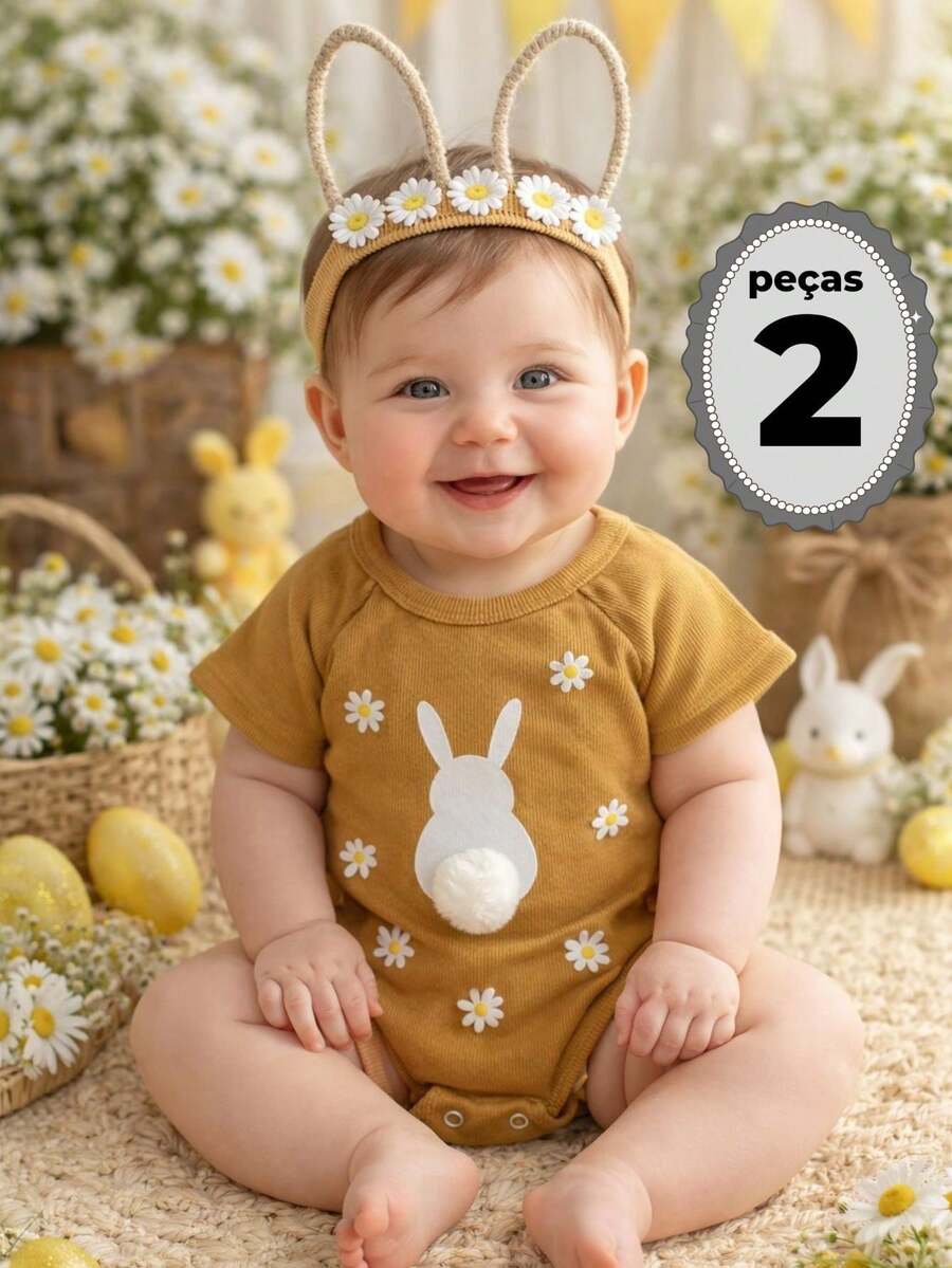 2-Piece Romper And Headband With Bunny, Pom-Pom, And Bow - Easter Baby Design - 棕色 - 查看 1