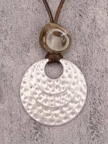 1件时尚百搭银色圆点吊坠项链，男女皆宜的长款项链，配棕色蜡绳和珠子，音乐节礼物，节日配饰 - 棕色臘繩 - 查看 3