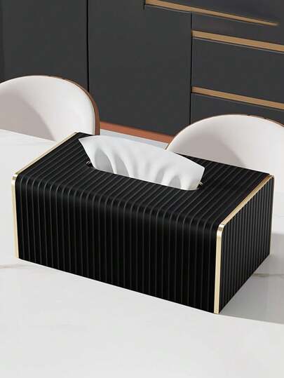 Multifunctional Desktop Tissue Box, PU Leather Striped Tissue Dispenser, Nordic Luxury Hotel Style Gold Edge Tissue Box, Desktop Tissue Storage Box, Tissue Holder, Fits One Box Of Tissues, Suitable For Compact Desktop Decor, Living Room, Dining Room And Kitchen Decor Accessories, Home Decor And Organization, Home Essentials, Apartment Necessities