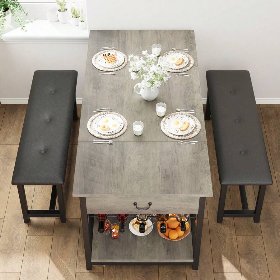 Juego de comedor para 4 personas - 2 bancos tapizados en cuero PU, mesa MDF con cajones y botellero integrado - Solución práctica para cocinas pequeñas y espacios reducidos - Gris - Ver 1