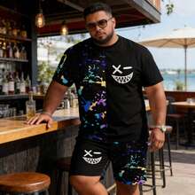 彩色渐变印花加大码男士短裤和T恤运动套装，夏季时尚人脸印花和AB彩印花加大码两件套，适合跑步和锻炼的百搭休闲装 - 彩色 - 查看 4