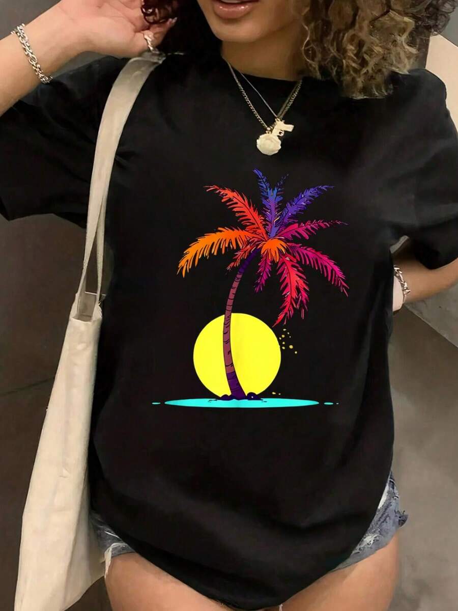 100% Algodón Maija Camiseta de Mujer Fresca para Vacaciones de Verano Hombres Mujeres Playa Árbol de Palma Camiseta de Manga Corta Cuello Redondo Top Casual para Verano y Primavera, Ropa de Mujer - Negro - Ver 1