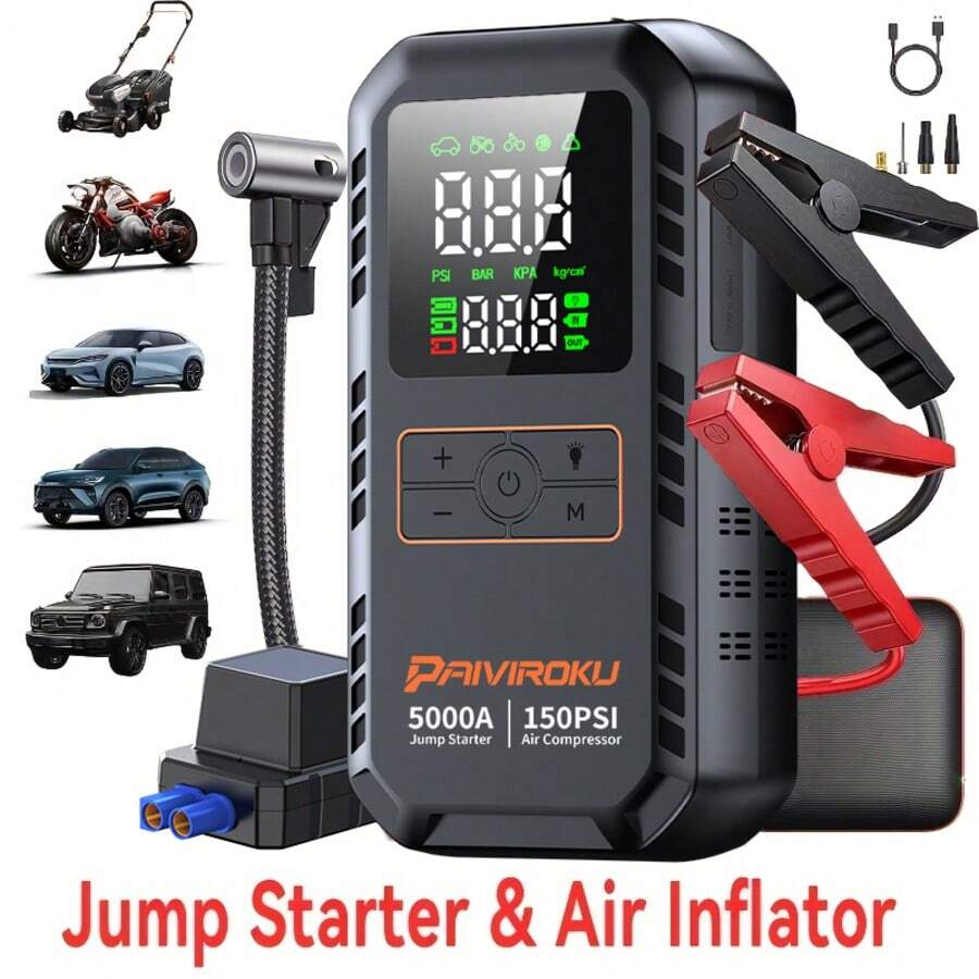 PAIIVIROKU Jump Starter With Air Compressor, 5 In 1 Function Jump Box 5000A Peak 150PSI Jump Starter Battery Pack With Digital Tire Inflator, Car Battery Charger Portable (Suitable For Engines With A Displacement Of Less Than 7 Liters) Fast Charging USB Output, LED Emergency Lighting - Qy03 - View 1